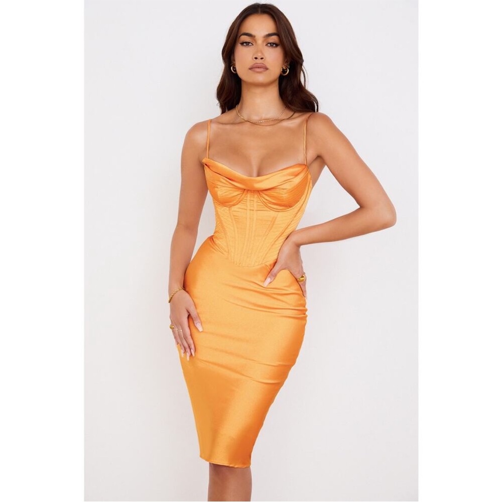 Orange Satin Corset Midi Dress - Women